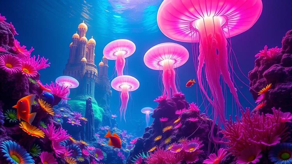 Underwater Bioluminescent Coral Castles in a Fantasy Landsca...