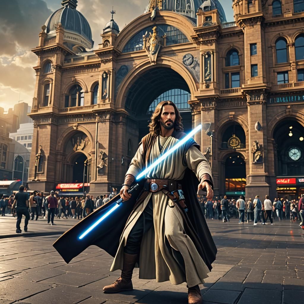 Jesus as Jedi Knight at Flinders Street Station