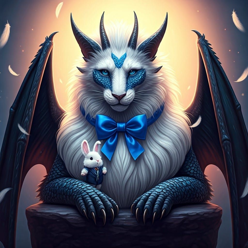 Gentle Manticore Cuddles with Dapper Bunny in Dreamy Whimsy