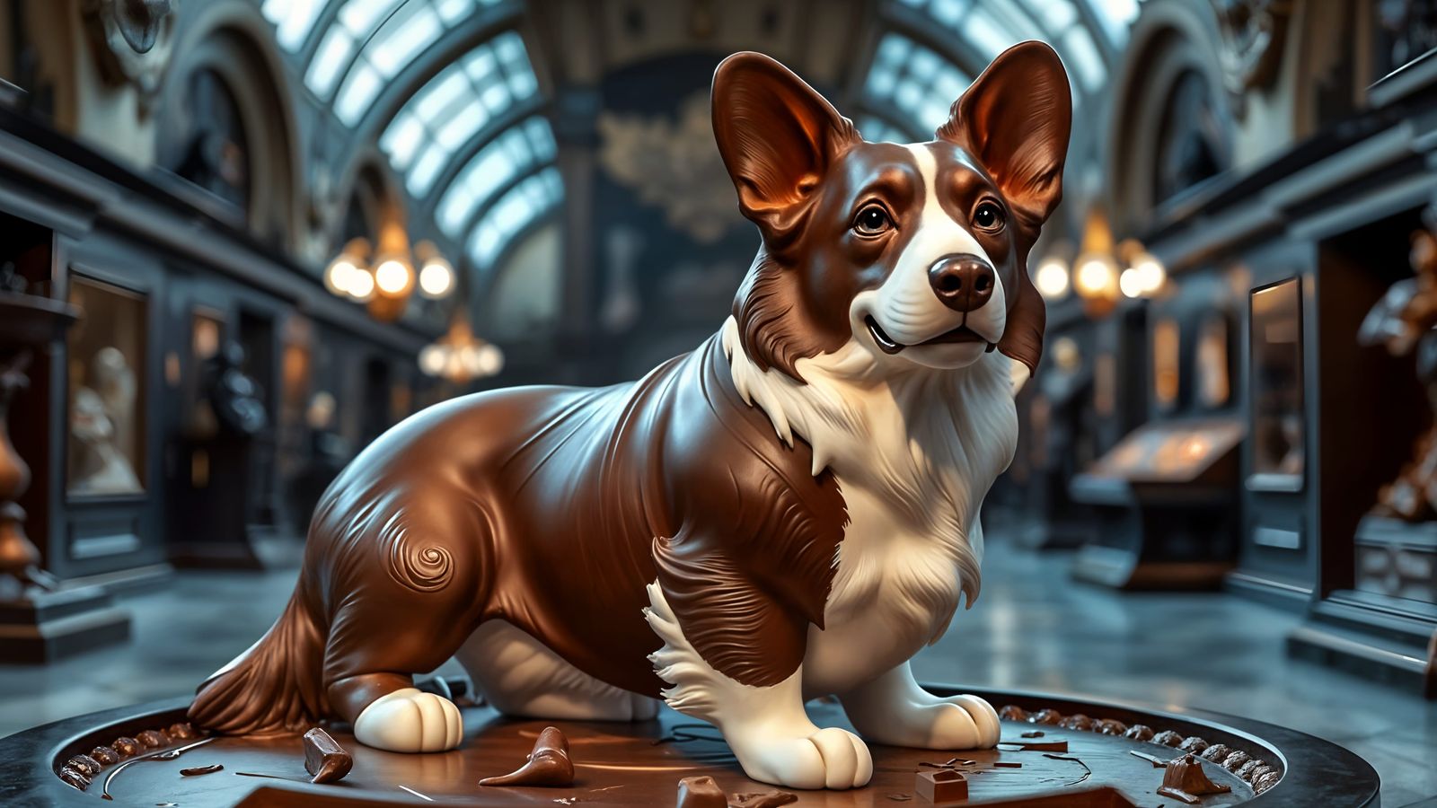 Majestic Dark Chocolate Pembroke Welsh Corgi in Museum Setti...