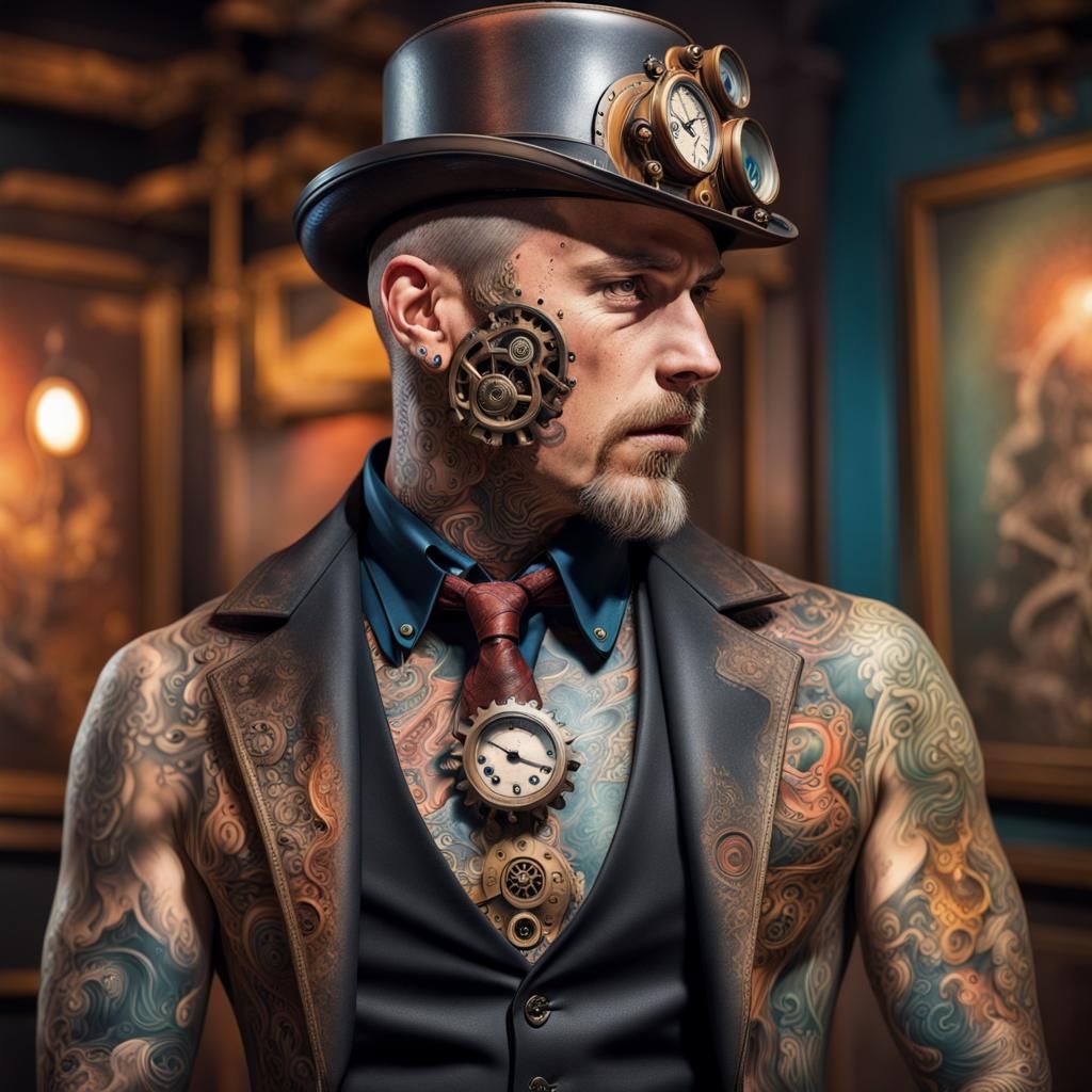 Steampunk Tattoo Man: Hyperrealistic Splash Art
