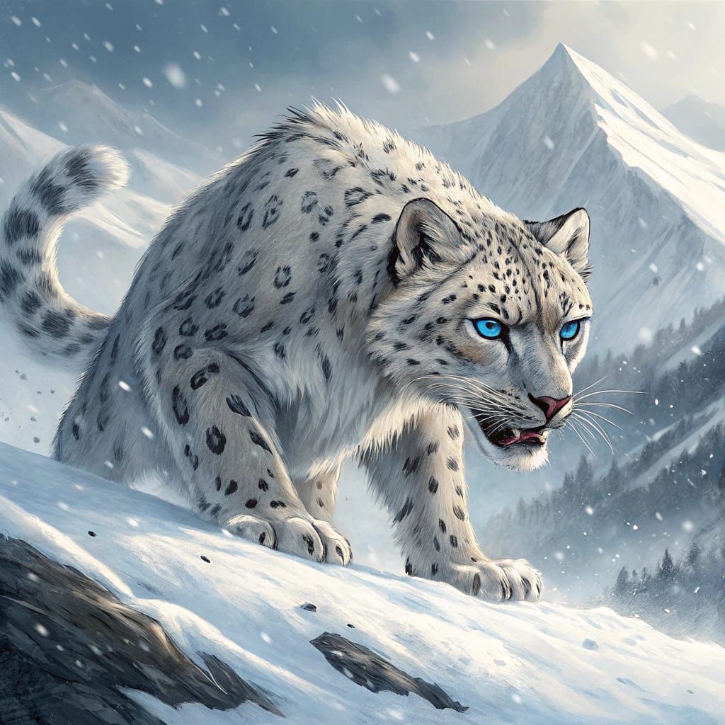 Majestic Blue-Eyed Snow Leopard Stalks Prey