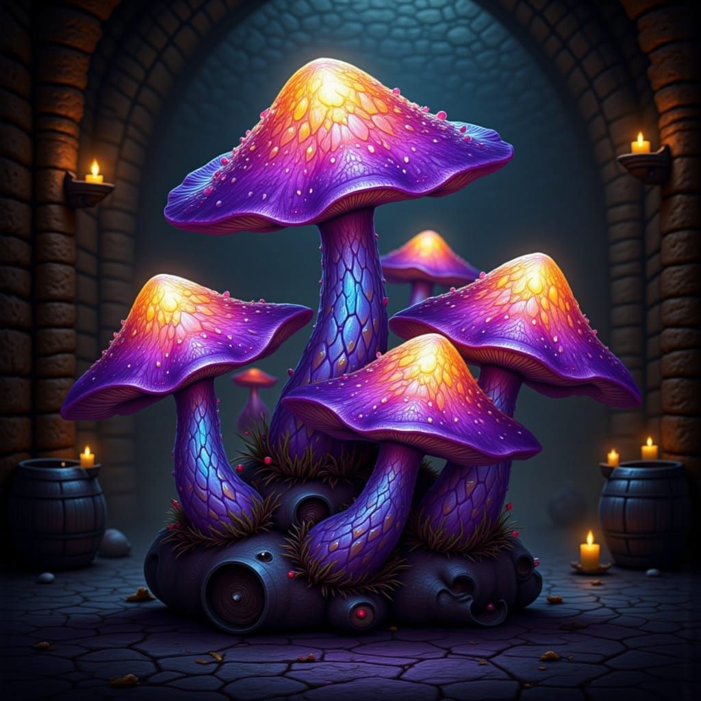 Whimsical Fungi in a Mystic Tavern Cellar
