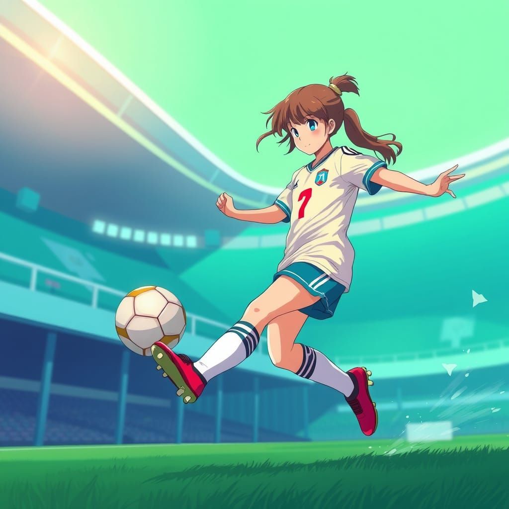 Girl Kicking Soccer Ball in Anime Style