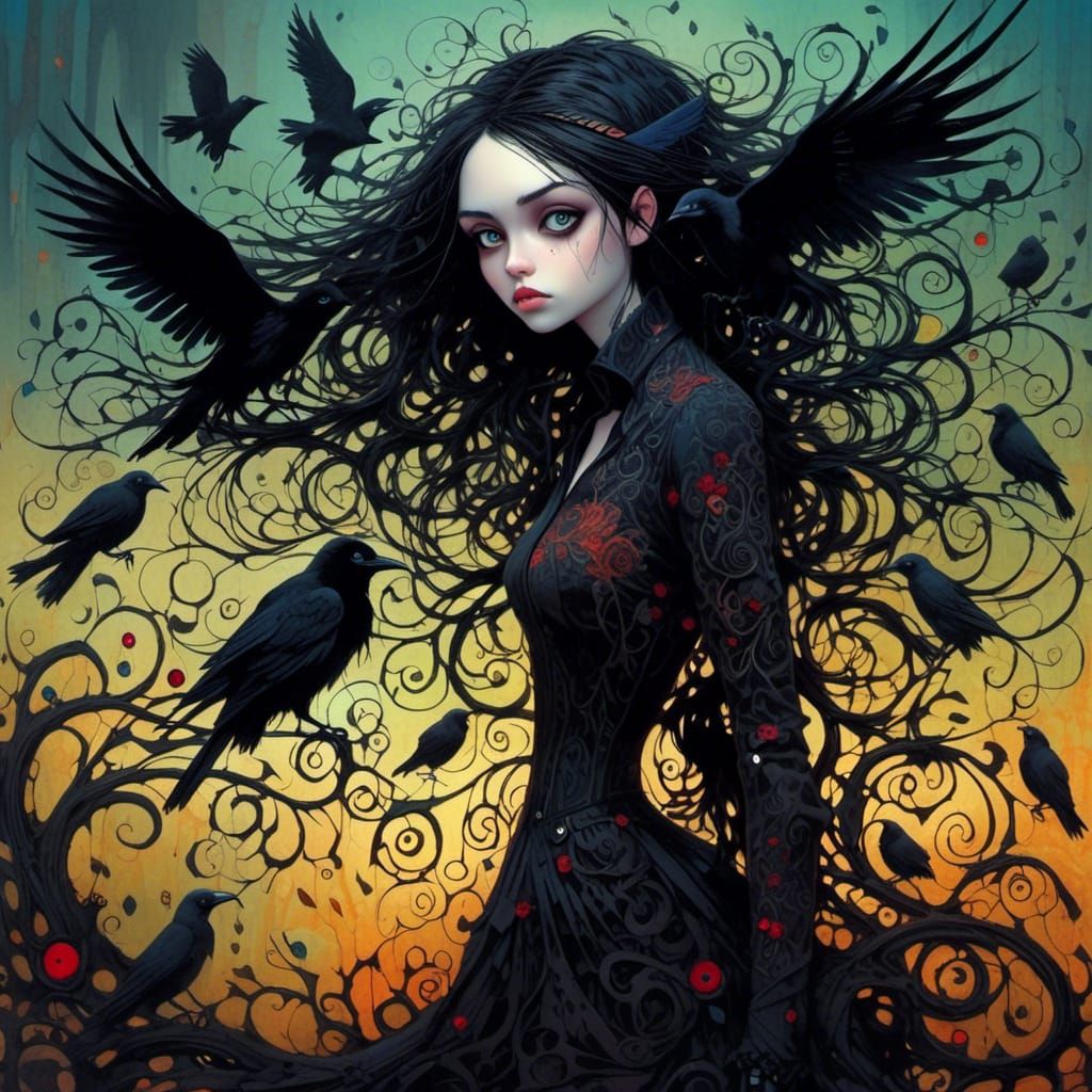Gothic Fairytale: Girl with Ravens in Burton Style
