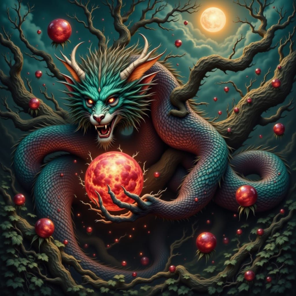 Majestic Green and Red Dragon with Mystical Aura