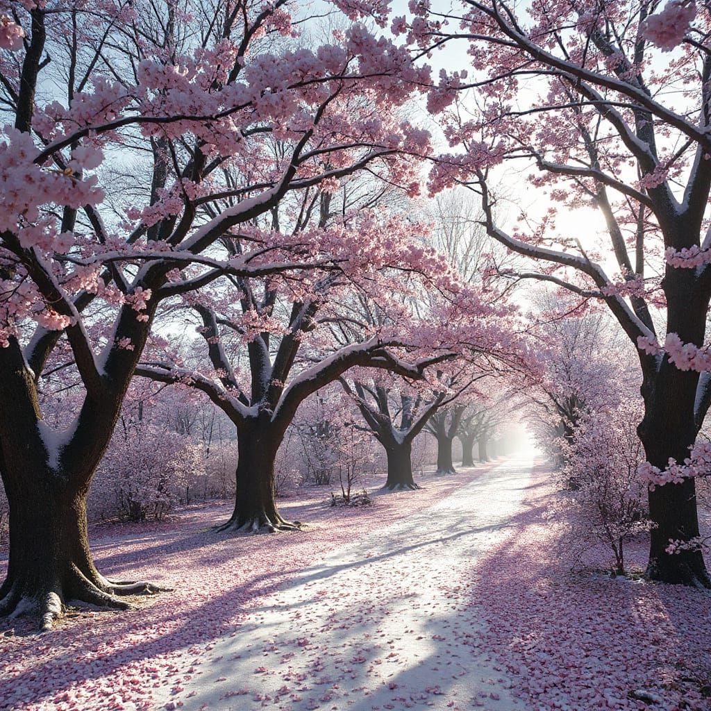 Mystical Cherry Blossom Path in Photorealistic Style