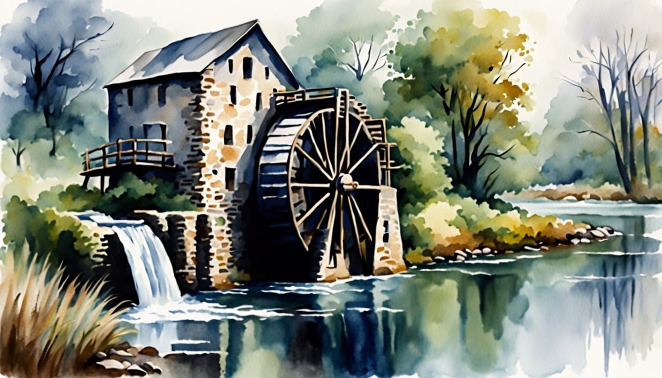 Water Wheel in Countryside, Impressionist Watercolor Style