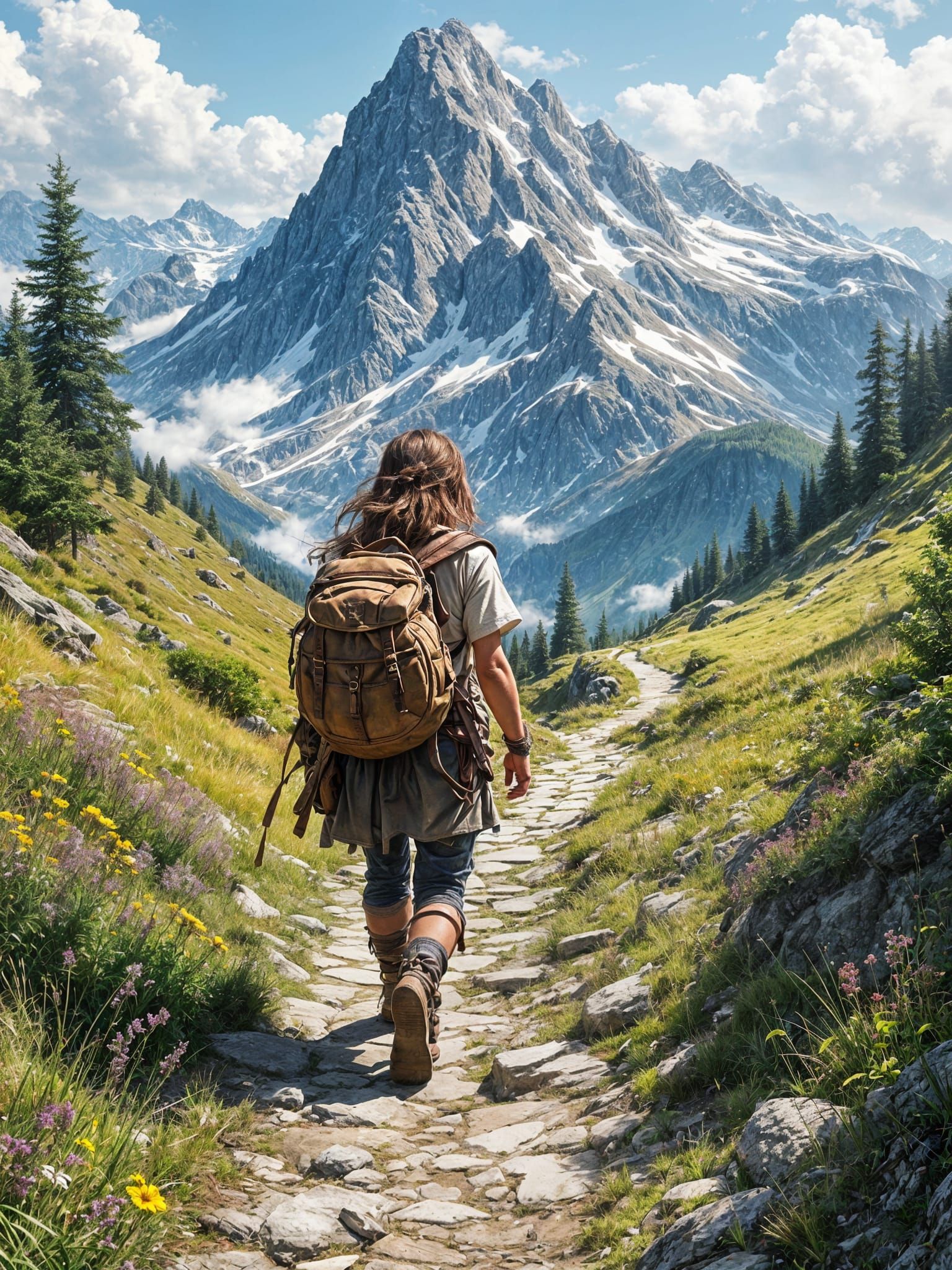 Fantasy Traveling Woman on Mountain Path Illustration