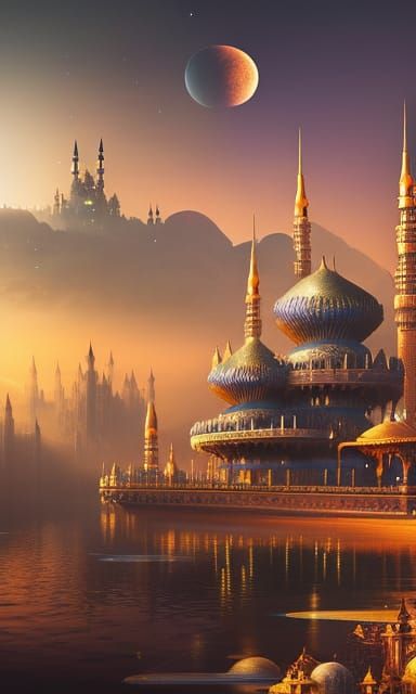 Islamic Castle Kingdom Under Moonlit Sky