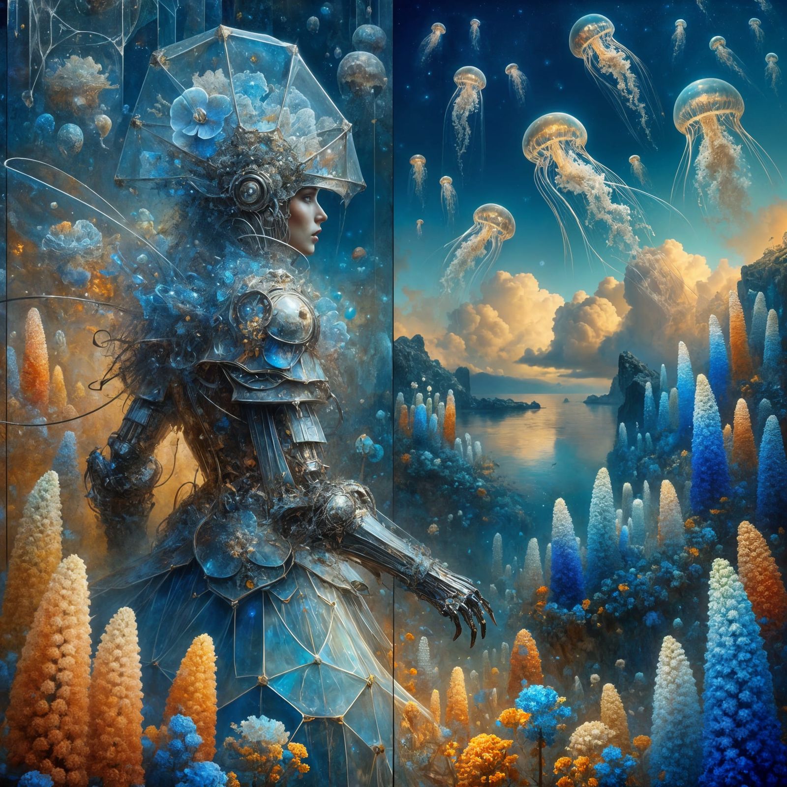 Woman in Luminescent Glass Armor: Maximalist Oil Painting