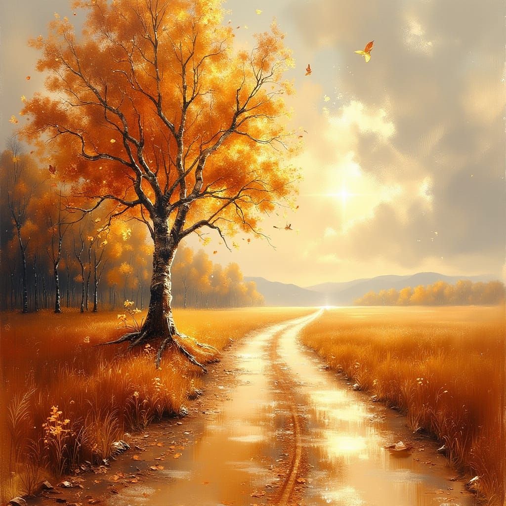 <lora:Exquisite Flux:1.0> A barren tree standing alone on a road path surrounded by sand dunes. Slightly Dutch angle. Th...