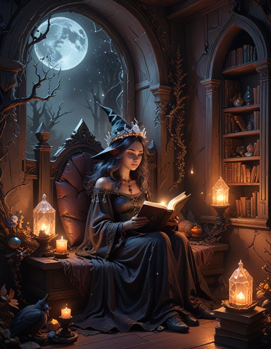 Witch in Cozy Nook with Crystal Crown, Fantasy Art