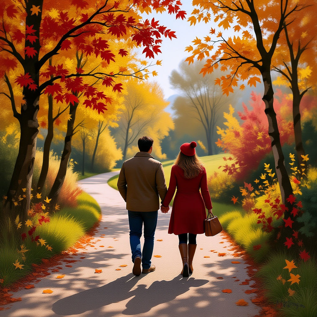 Romantic Autumn Stroll Through Maple Trees