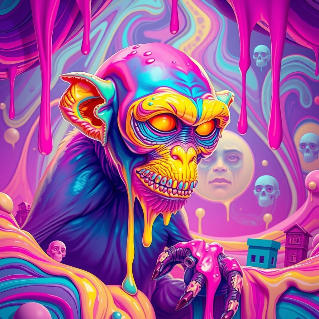 Glowing Alien Monkey in Neon Wonderland