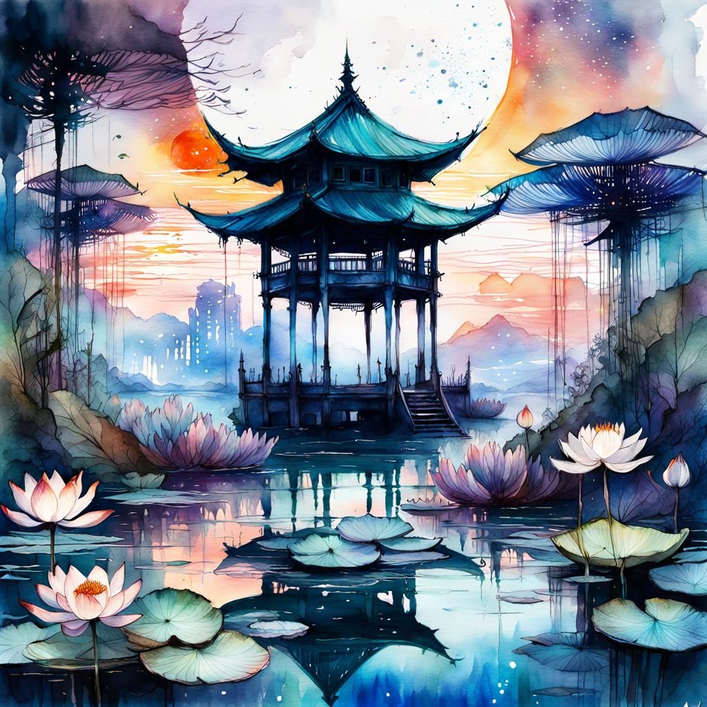 Sci-Fi Nelumbo Nucifera in Watercolor Style