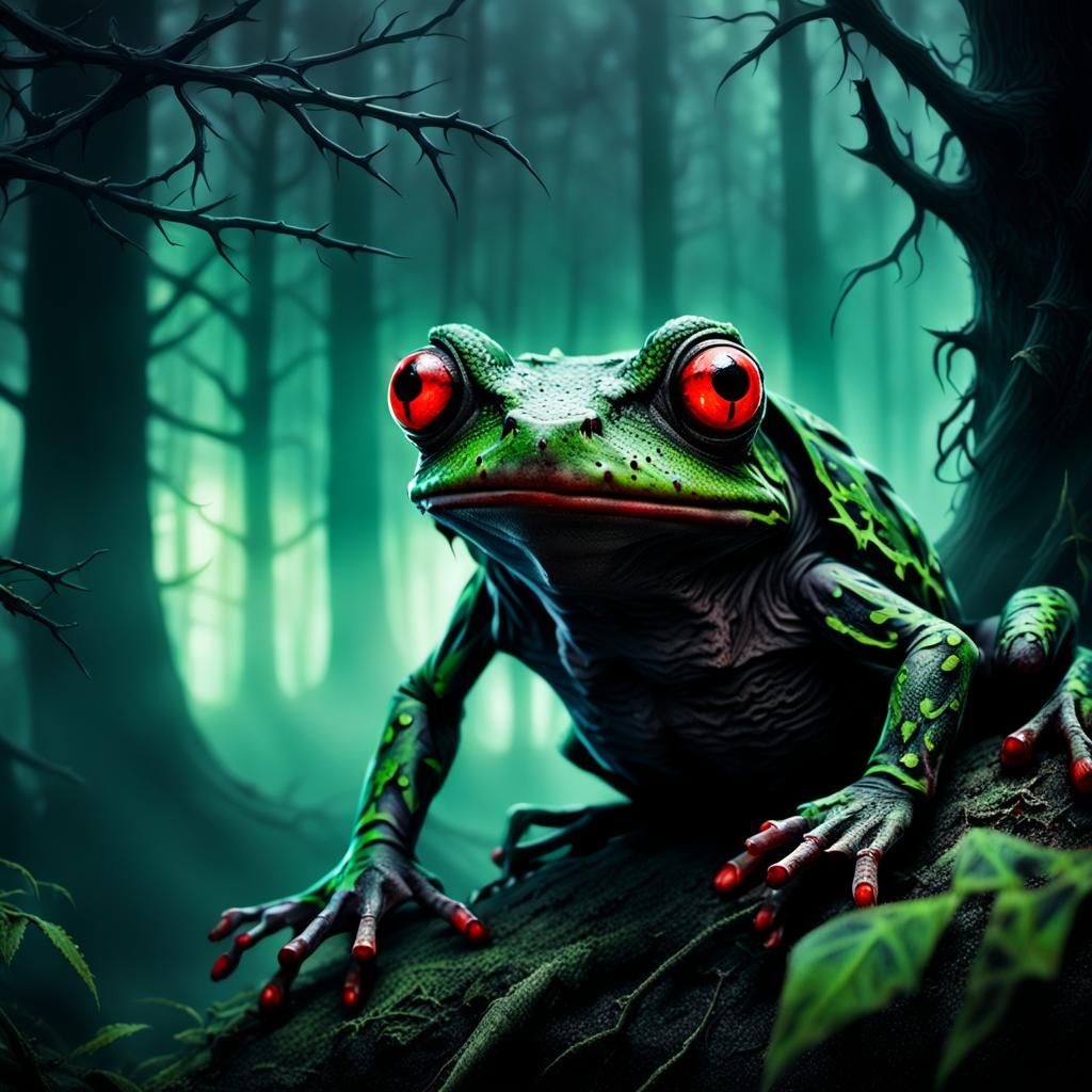 Eerie Zombie Frog in Misty Dark Fantasy Forest