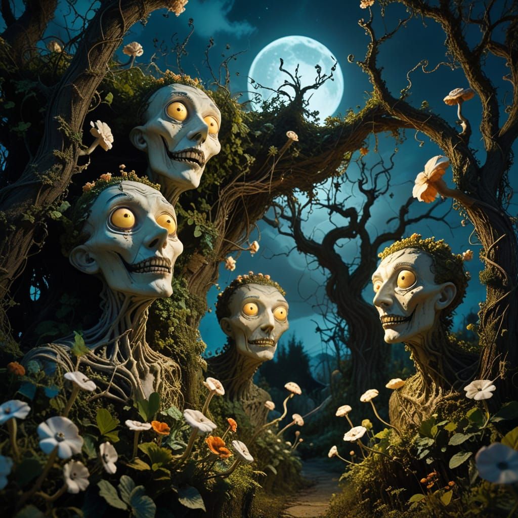 Surreal Garden of Eyes and Teeth in Moonlight