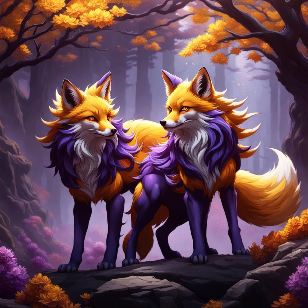 Mythological Nine-Tailed Fox Twins in Dark Fantasy Style
