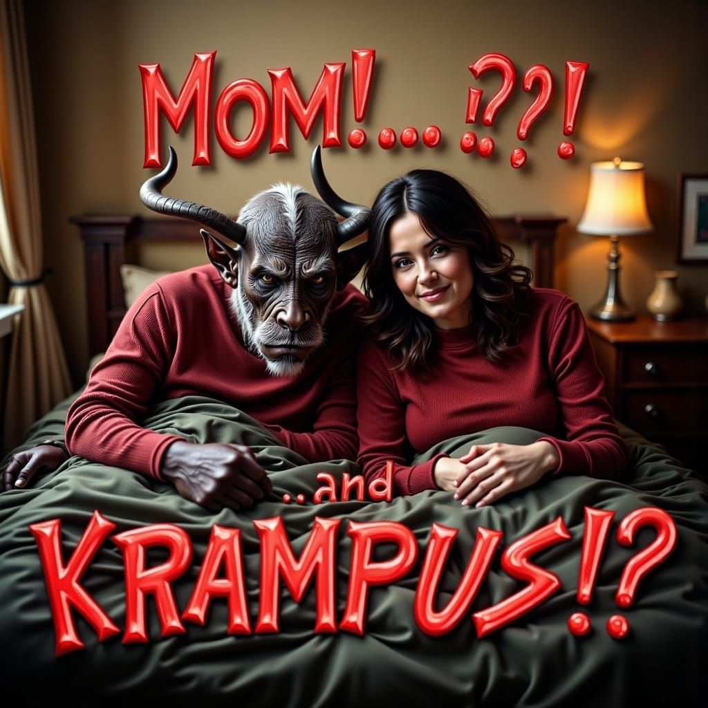 Mom and Krampus in Holiday Font, Snuggled Up in Bed