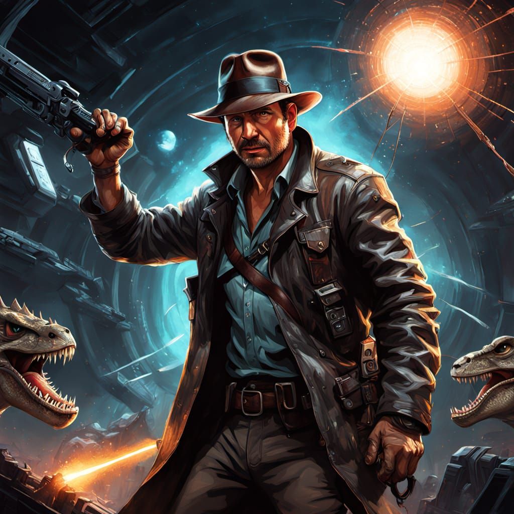 Space Explorer Indiana Jones Fights Reptiles in Sci-Fi Style