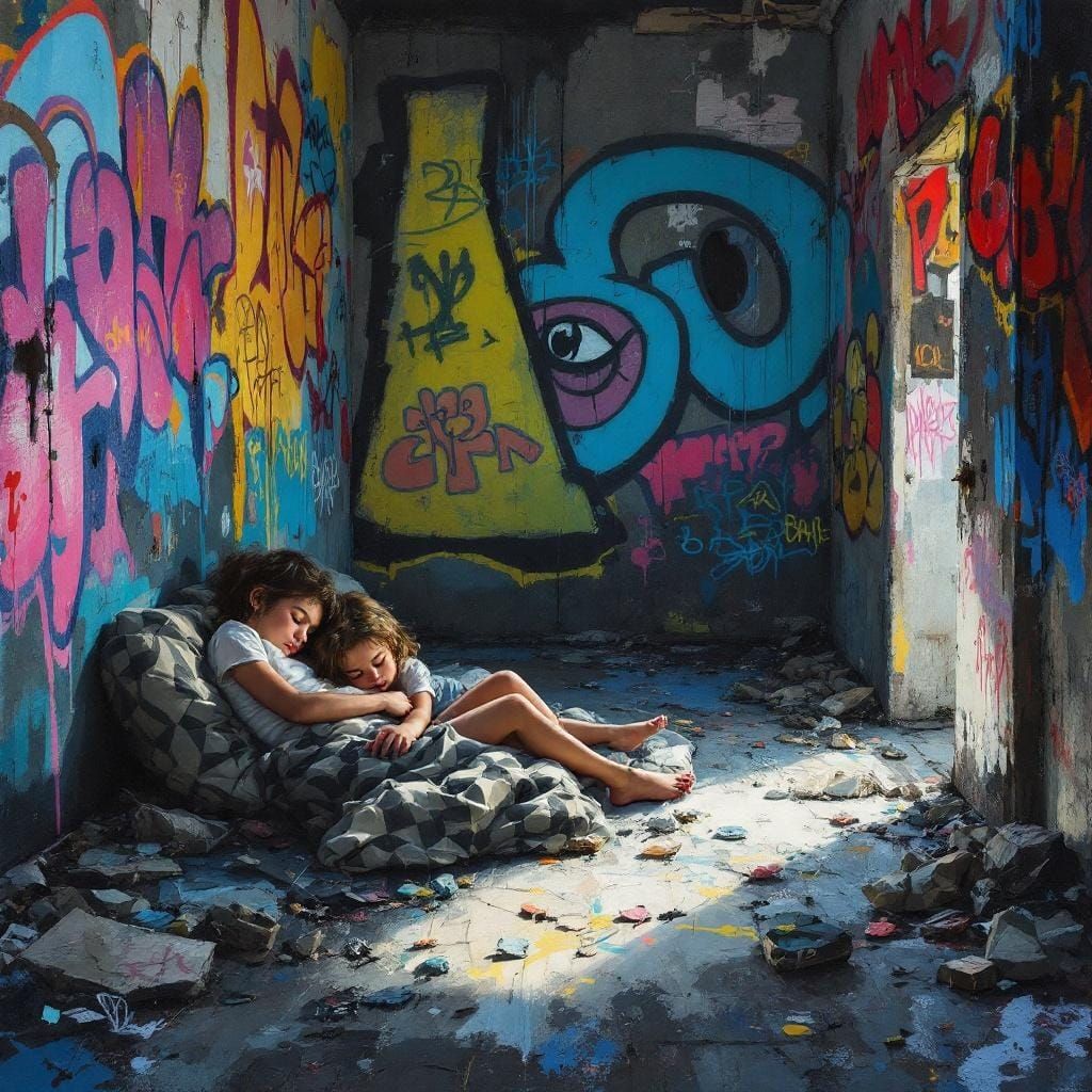 Children in Abandoned Building, Impressionist Gouache Style