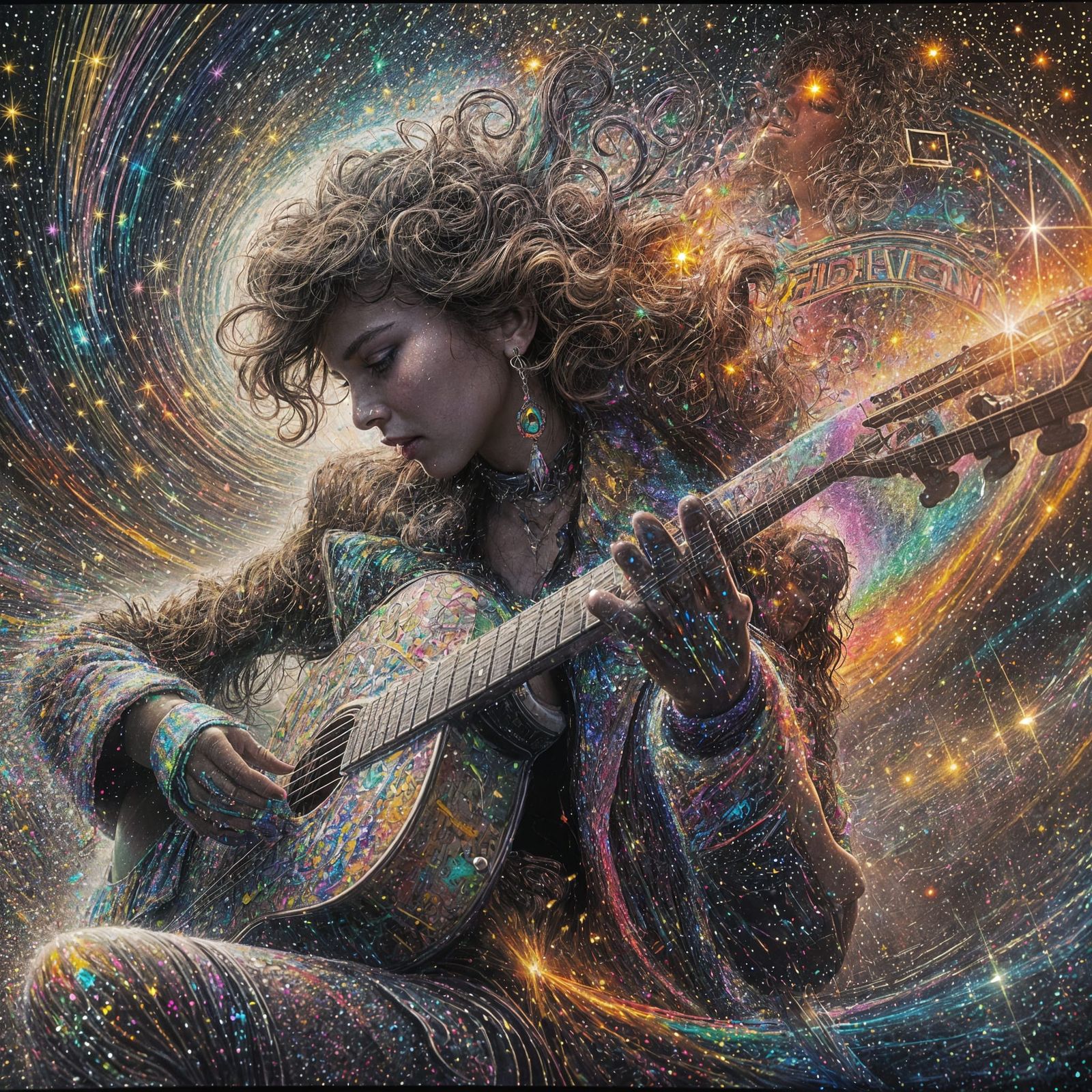 Girl with Guitar in Neon-Infused Fantasy Realm