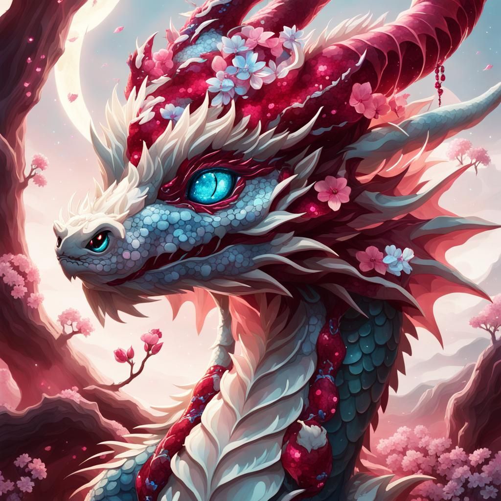 Ruby Dragon in Mystical Night World: Watercolor Illustration