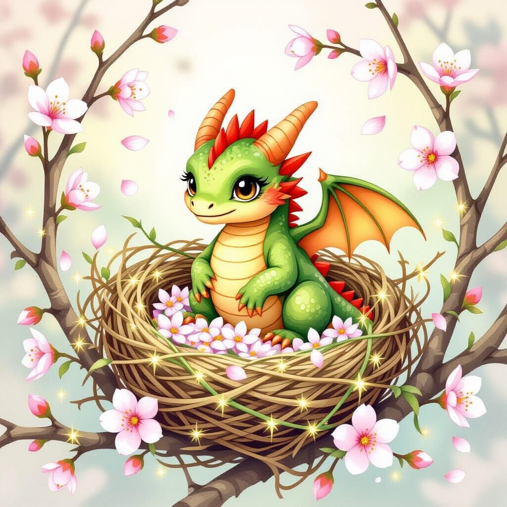 Sleeping Baby Dragon in Glowing Nest: Watercolor Art
