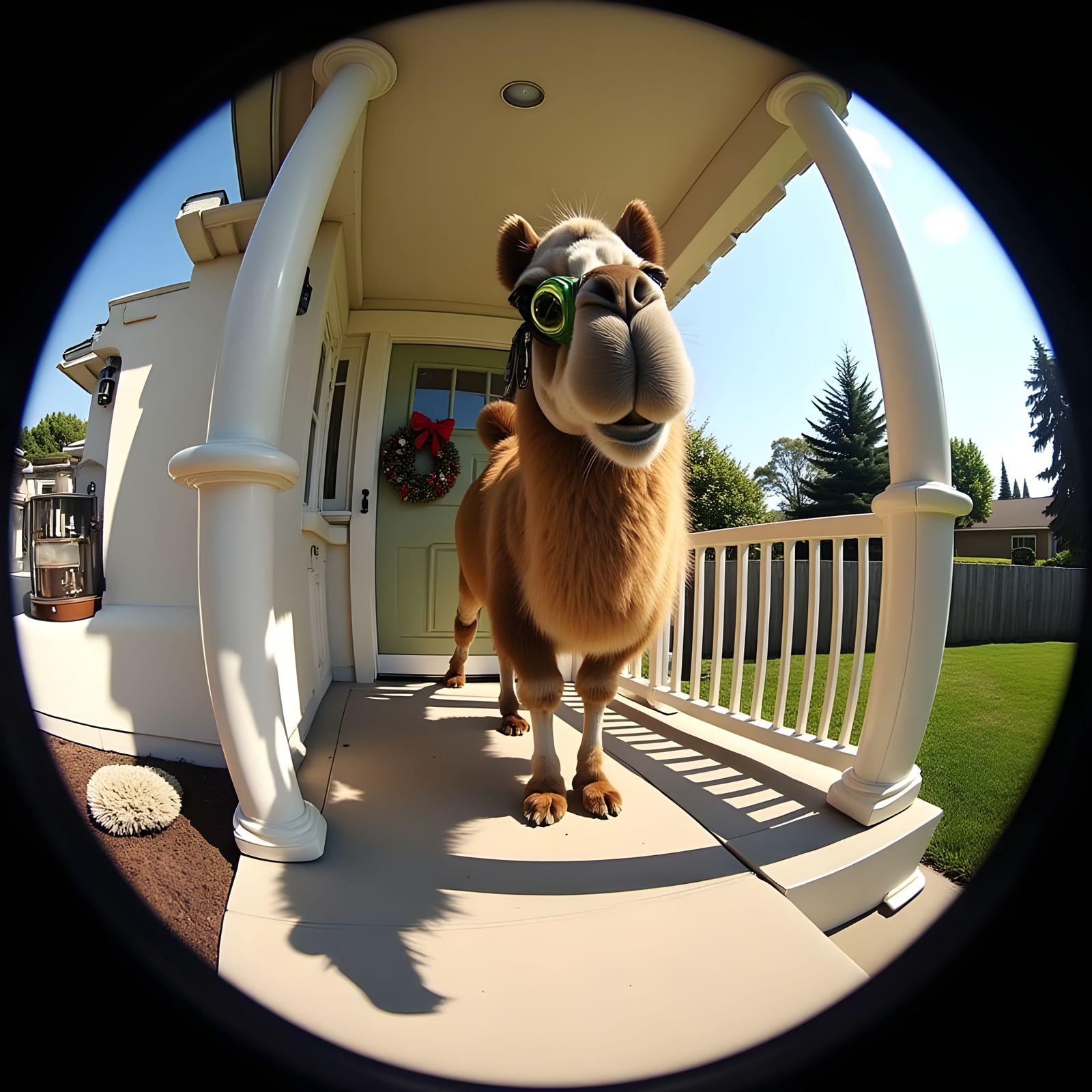 A Camel Sits on a Front Doorstep in a Vintage Cartoon Style