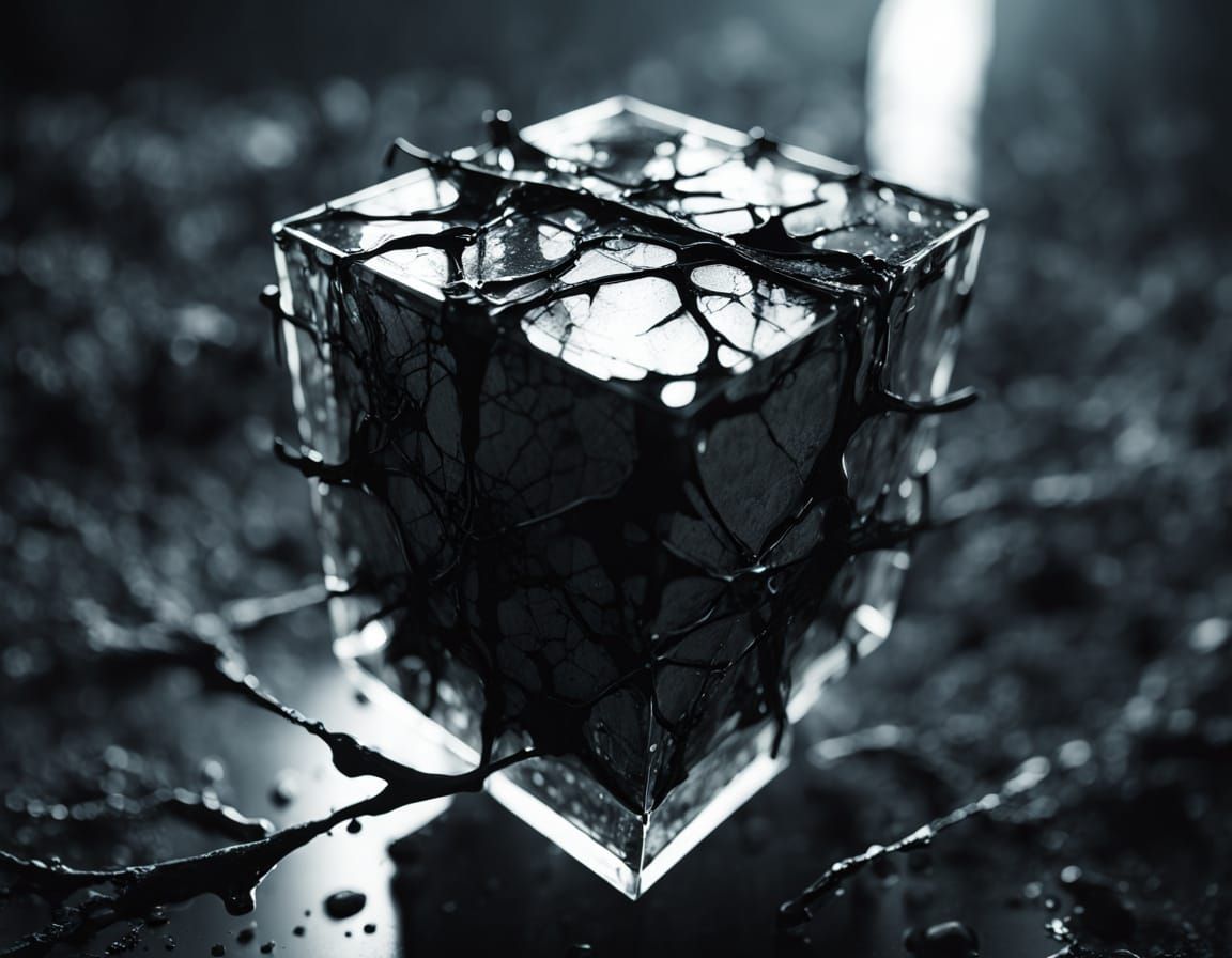 Cracked Glass Cube in Dark Fantasy Void