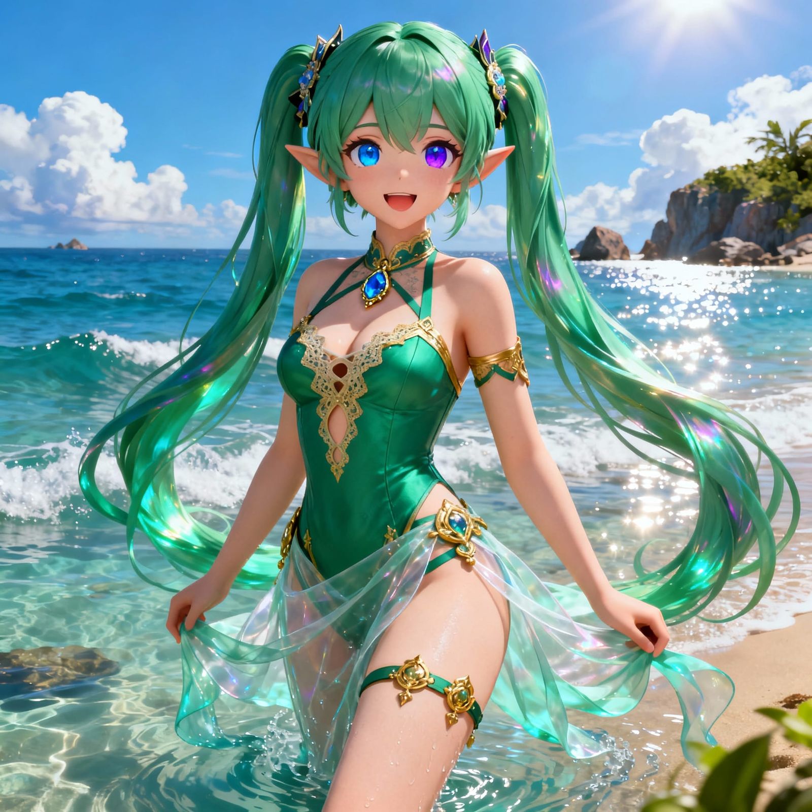 Anime Sea Goddess with Green Hair in Ocean