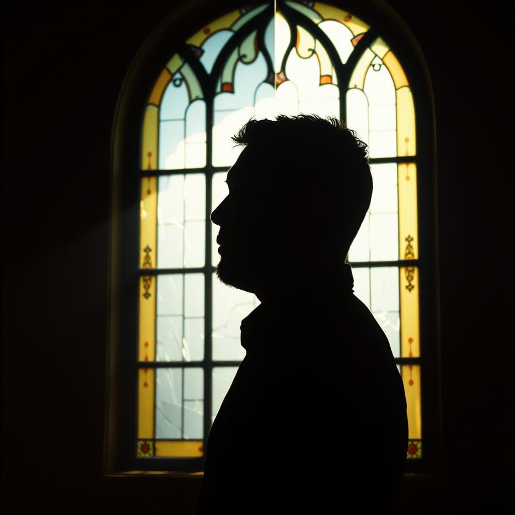 Silhouette in Cracked Stained Glass, Cinematic Film Still