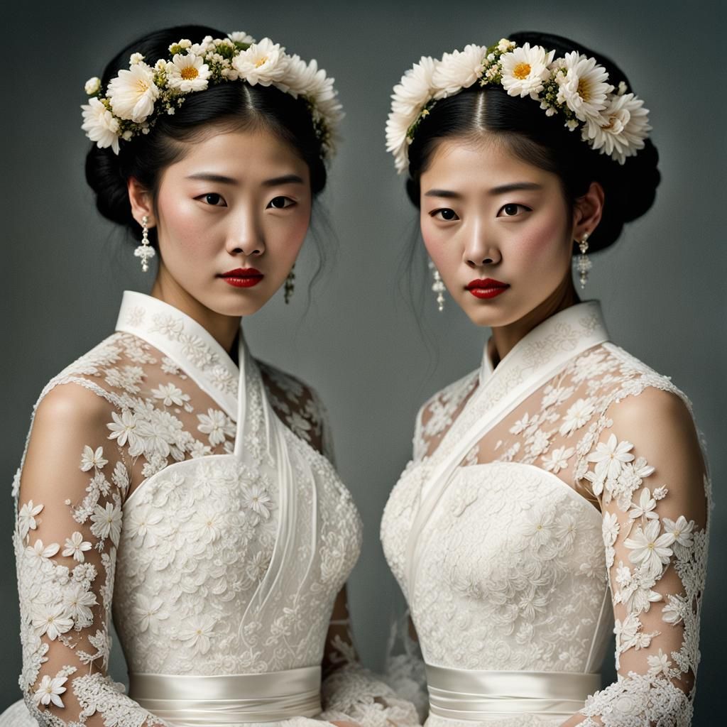 Japanese Sisters in Floral Wedding Dresses