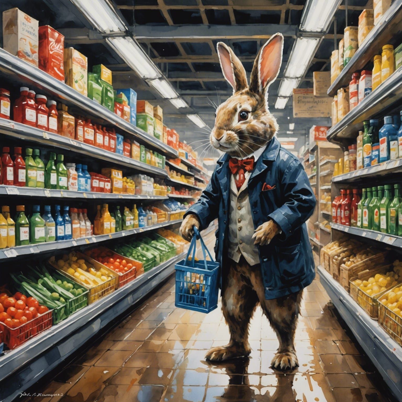 Anthropomorphic Bunny Shopping: Watercolour Post-Impressioni...