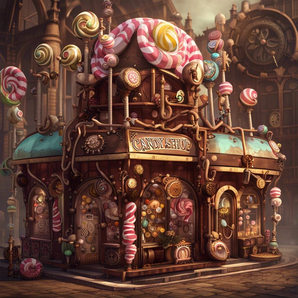 Steampunk Candy Shop with Gears and Pipes