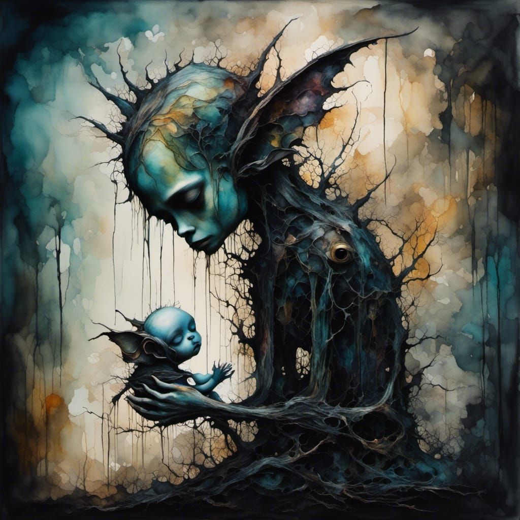 Surreal Dark Fantasy: Monster with Sleeping Baby