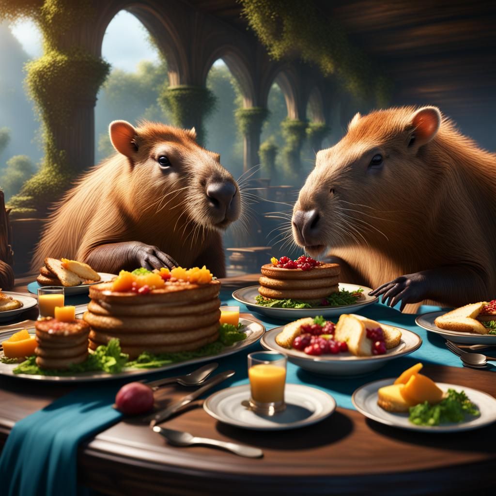 Capybaras Enjoying a Lavish Breakfast
