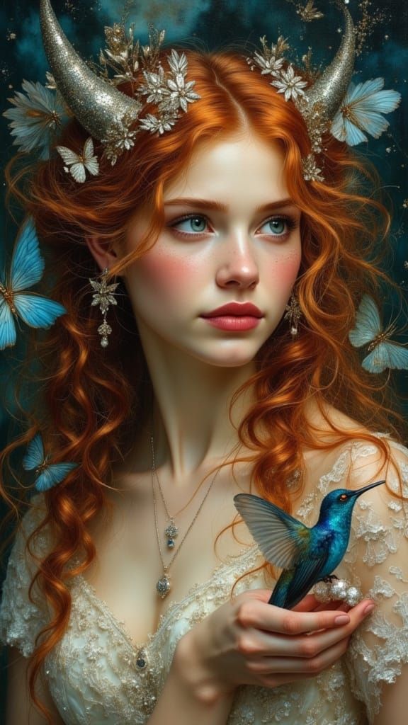 Ethereal Woman with Hummingbird, as Oil Painting