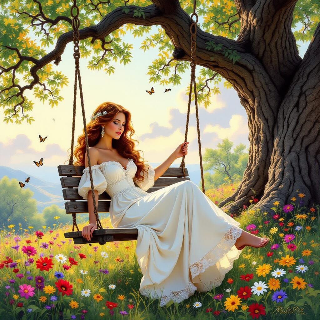 Woman on Swing in Bierstadt-Inspired Landscape