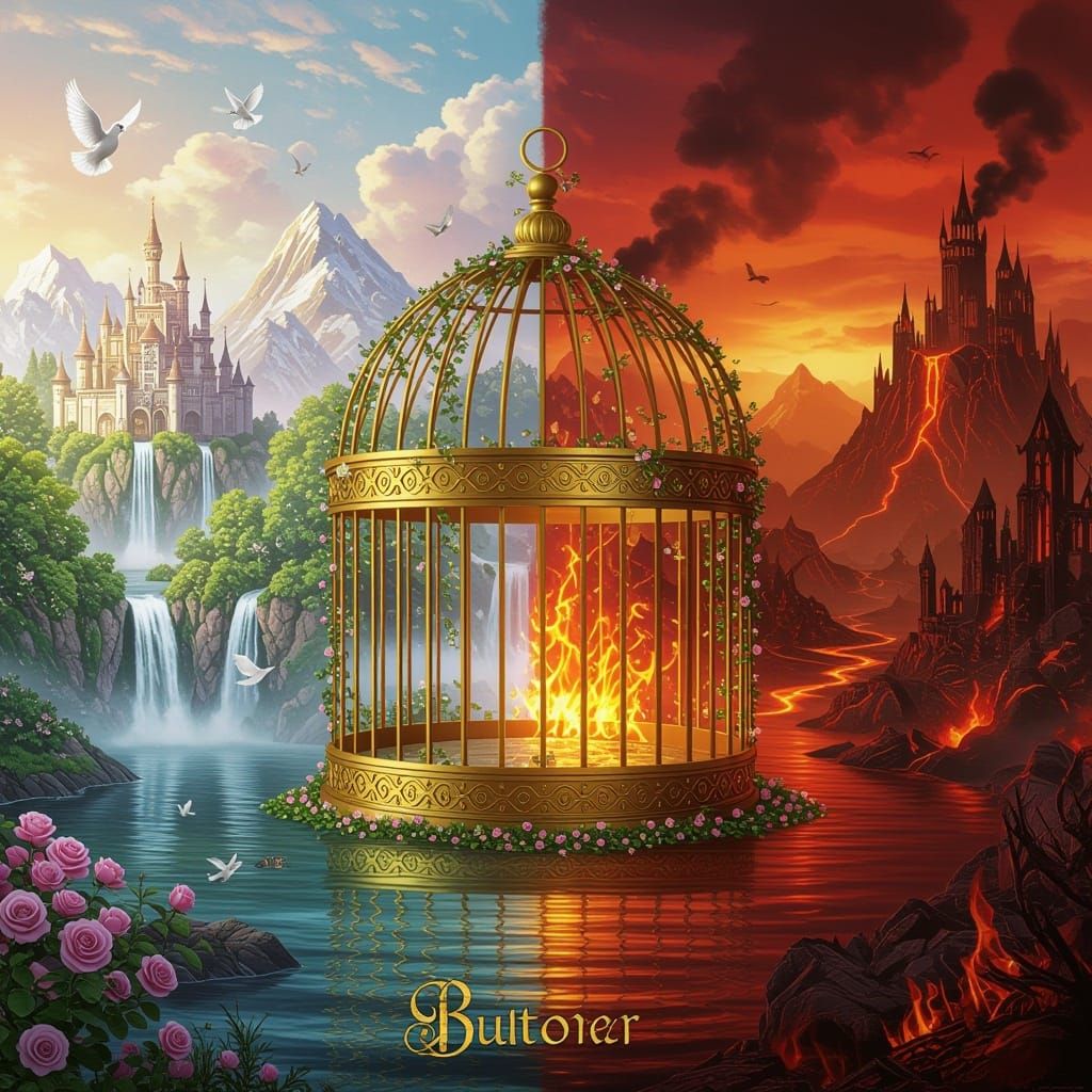 Golden Cage Between Heaven and Hell Fantasy Art