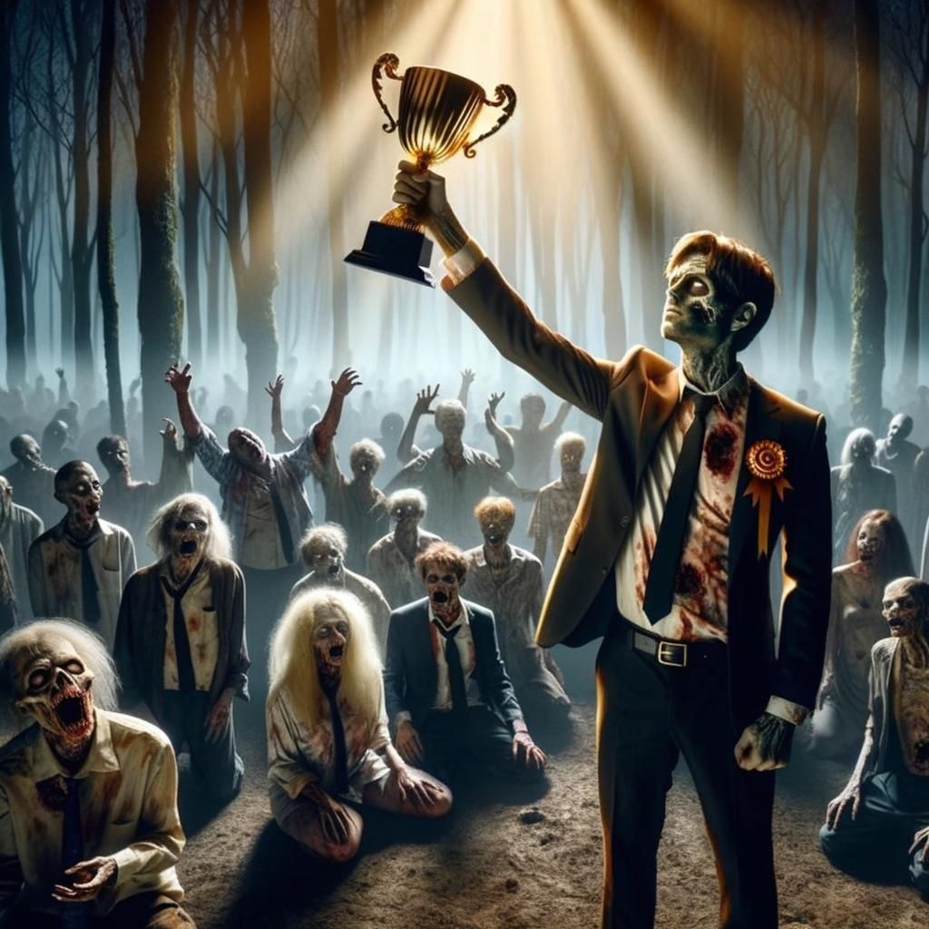 Zombie Holds Trophy in Eerie Forest Award Ceremony