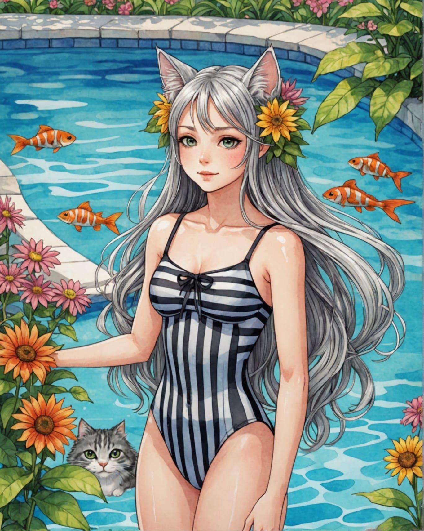 anime catgirl, striped swimsuit, at the pool (Stable Core)