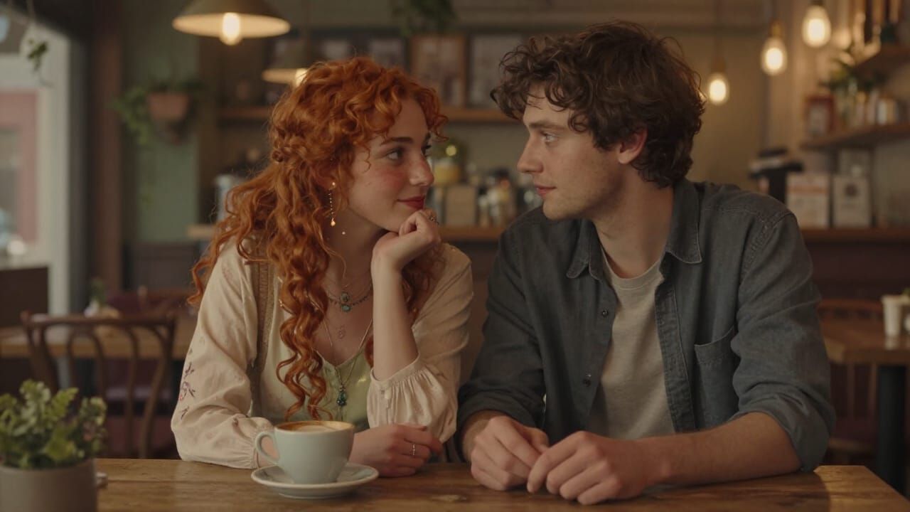 Intimate Couple in Cozy Fantasy Cafe, Modern Portrait Style