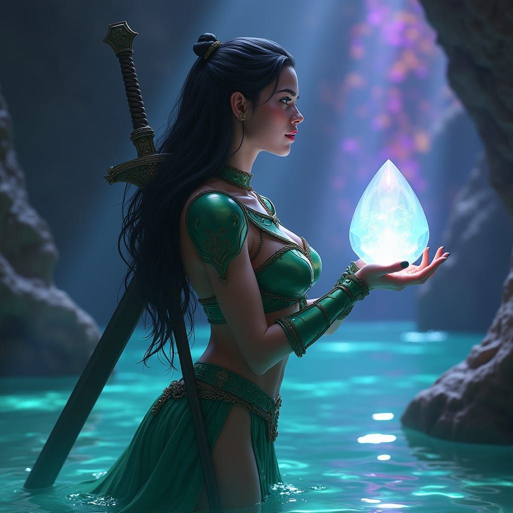 Majestic Female Elf in Bioluminescent Cave