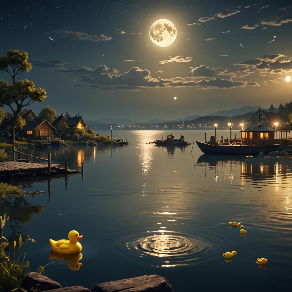 Rubber Duck on Moonlit Lake: Detailed Matte Painting