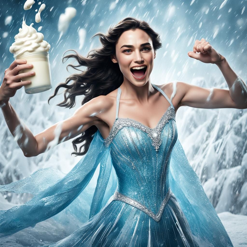 Gal Gadot as Elsa from Frozen, shown twirling around, dancin...