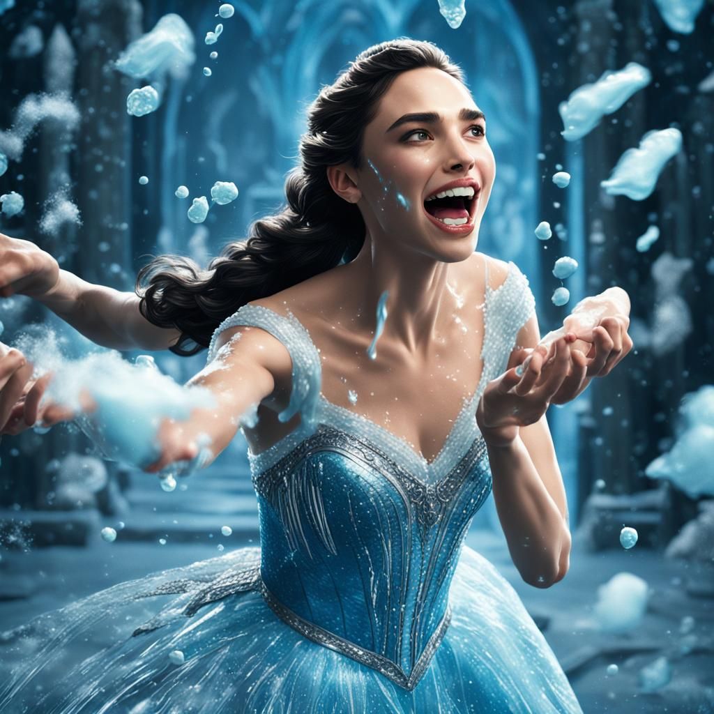 Gal Gadot as Elsa from Frozen, shown twirling around, dancin...