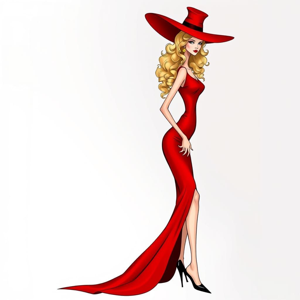 Tall Woman in Red Dress and Fancy Hat