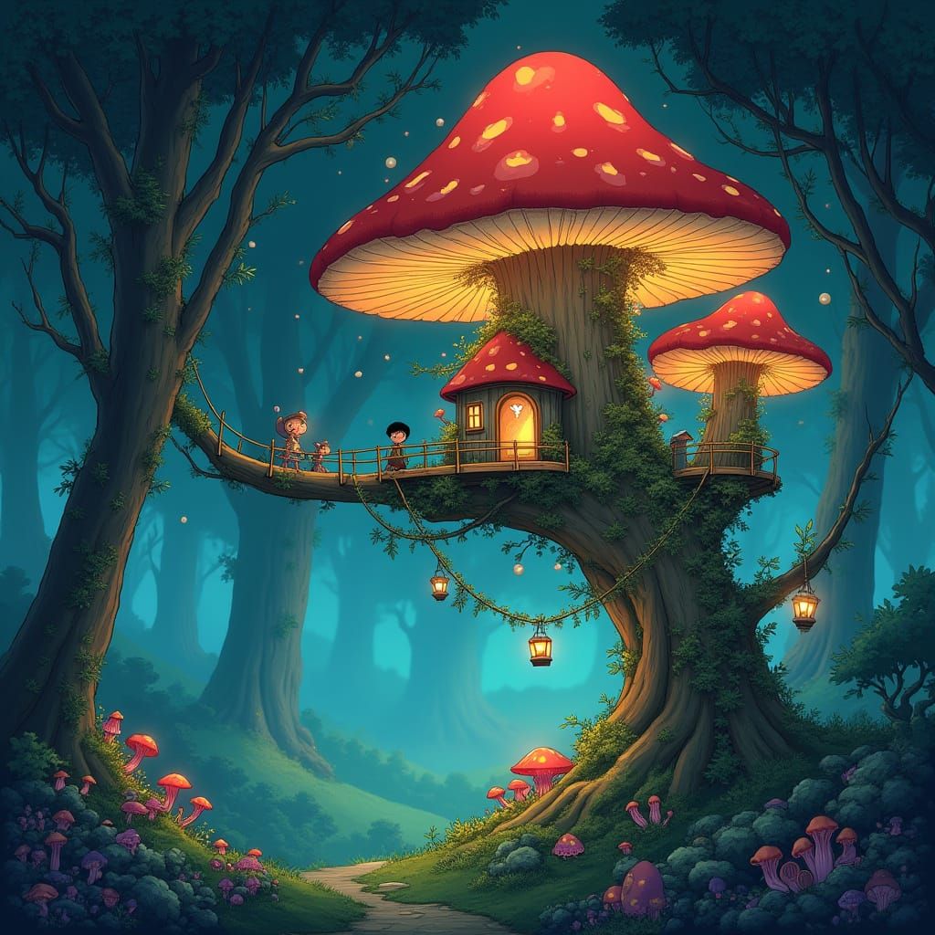 Whimsical Treehouse Village in Luminous Mushroom Forest